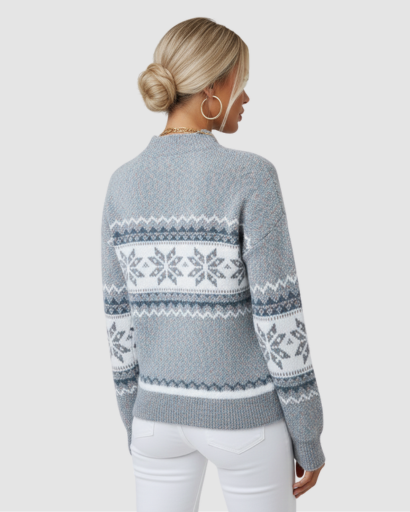 Pull d’Hiver Femme Motif Nordique – Col Montant Doux et Confort Absolu