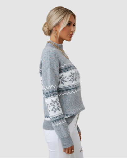 Pull d’Hiver Femme Motif Nordique – Col Montant Doux et Confort Absolu