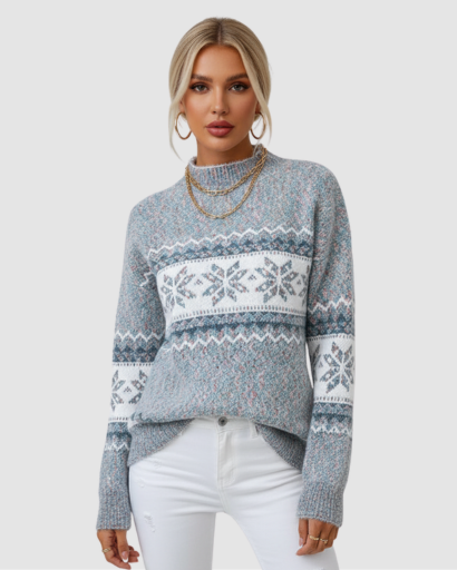 Pull d’Hiver Femme Motif Nordique – Col Montant Doux et Confort Absolu