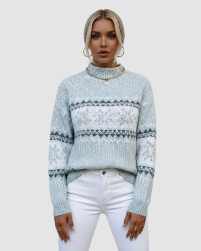 Pull d’Hiver Femme Motif Nordique – Col Montant Doux et Confort Absolu