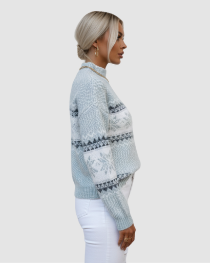 Pull d’Hiver Femme Motif Nordique – Col Montant Doux et Confort Absolu