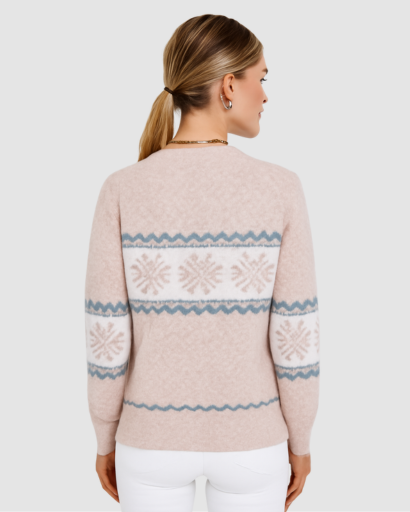 Pull d’Hiver Femme Motif Nordique – Col Montant Doux et Confort Absolu