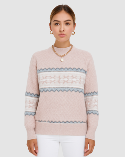 Pull d’Hiver Femme Motif Nordique – Col Montant Doux et Confort Absolu