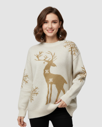 Pull d’Hiver Motif Renne & Flocons – Esprit Douillet et Festif