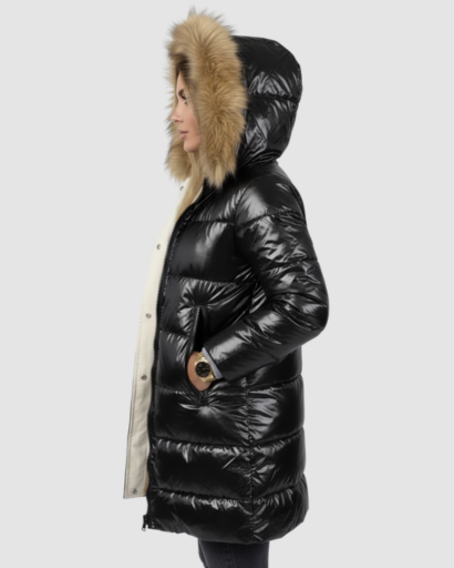 Doudoune Longue Brillante avec Capuche Fourrure – Confort Thermique & Style Luxe