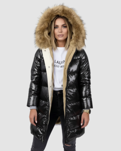 Doudoune Longue Brillante avec Capuche Fourrure – Confort Thermique & Style Luxe