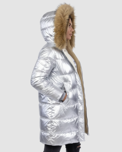 Doudoune Longue Brillante avec Capuche Fourrure – Confort Thermique & Style Luxe