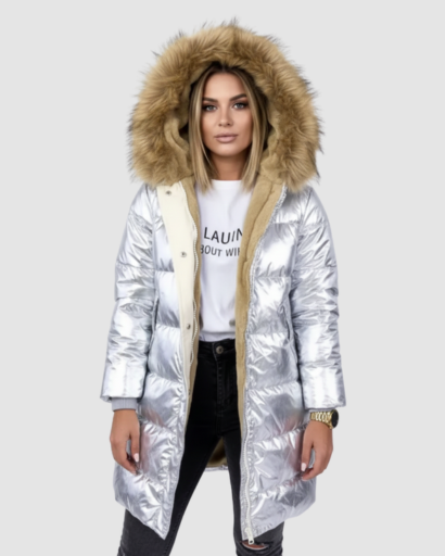 Doudoune Longue Brillante avec Capuche Fourrure – Confort Thermique & Style Luxe