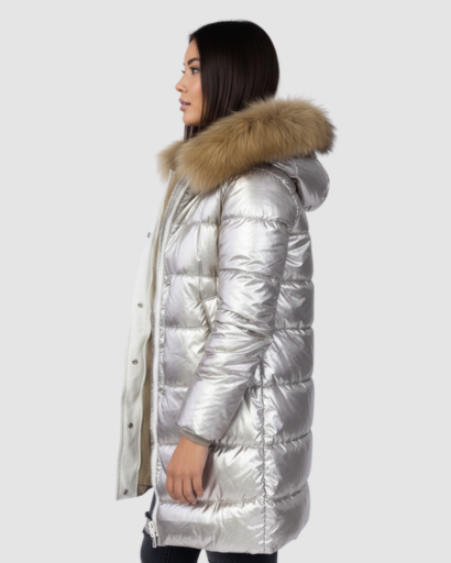 Doudoune Longue Brillante avec Capuche Fourrure – Confort Thermique & Style Luxe