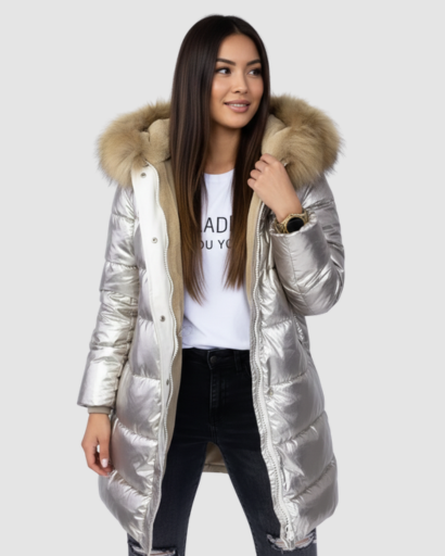 Doudoune Longue Brillante avec Capuche Fourrure – Confort Thermique & Style Luxe