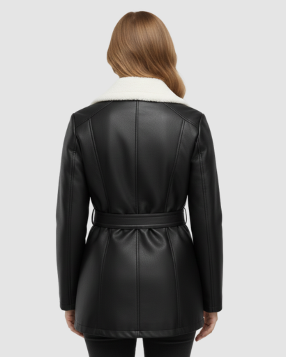 Manteau Femme en Simili Cuir avec Col Fourrure & Ceinture