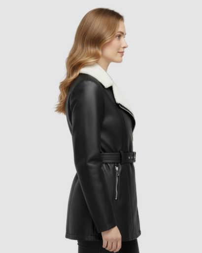 Manteau Femme en Simili Cuir avec Col Fourrure & Ceinture