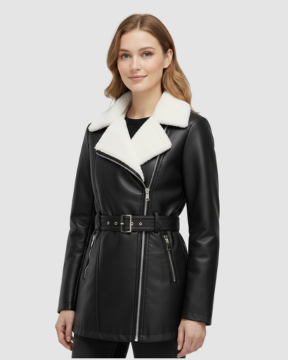 Manteau Femme en Simili Cuir avec Col Fourrure & Ceinture
