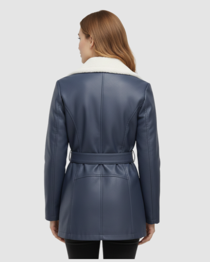 Manteau Femme en Simili Cuir avec Col Fourrure & Ceinture
