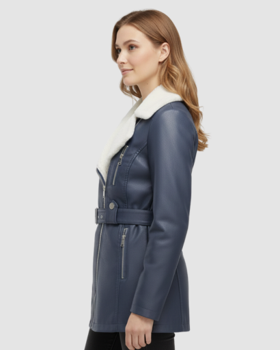 Manteau Femme en Simili Cuir avec Col Fourrure & Ceinture