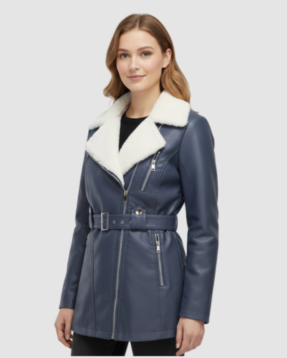 Manteau Femme en Simili Cuir avec Col Fourrure & Ceinture