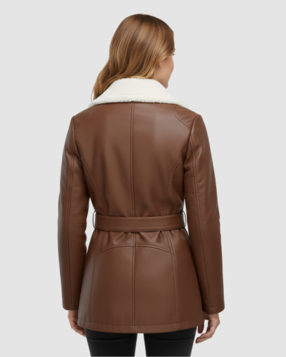 Manteau Femme en Simili Cuir avec Col Fourrure & Ceinture