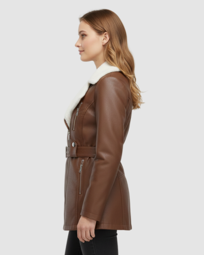 Manteau Femme en Simili Cuir avec Col Fourrure & Ceinture