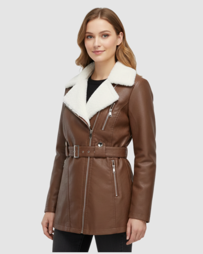 Manteau Femme en Simili Cuir avec Col Fourrure & Ceinture