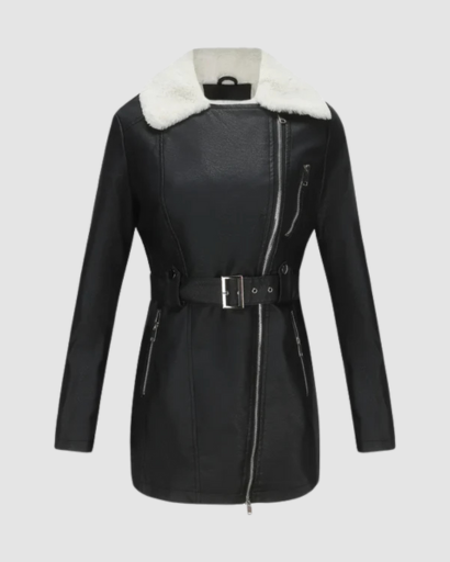 Manteau Femme en Simili Cuir avec Col Fourrure & Ceinture