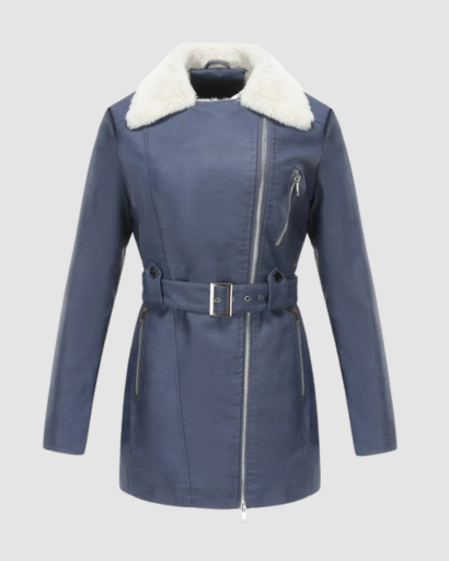 Manteau Femme en Simili Cuir avec Col Fourrure & Ceinture