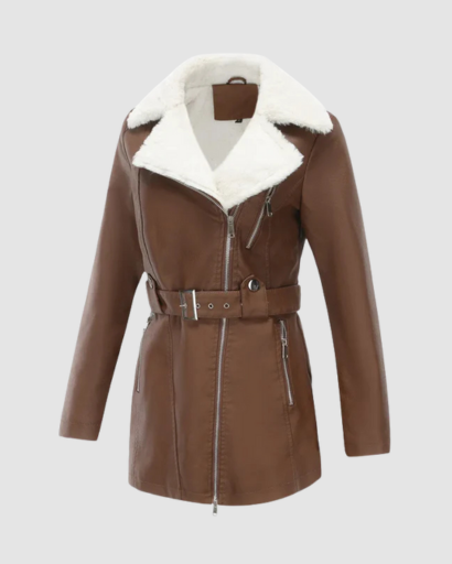 Manteau Femme en Simili Cuir avec Col Fourrure & Ceinture