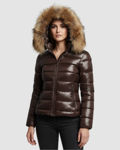 Doudoune Femme Brillante avec Capuche & Fausse Fourrure – Ultra Chaude