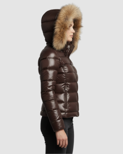Doudoune Femme Brillante avec Capuche & Fausse Fourrure – Ultra Chaude
