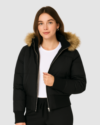 Veste d’Hiver Matelassée Femme – Capuche Amovible Bordée de Fourrure Synthétique