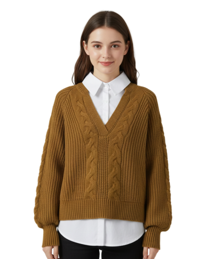 Pull Femme à Col V – Maille Torsadée & Coupe Confort