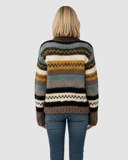 Pull Femme Hiver Tricoté À Col Roulé – Pull Oversize Rayé Style Bohème & Doux