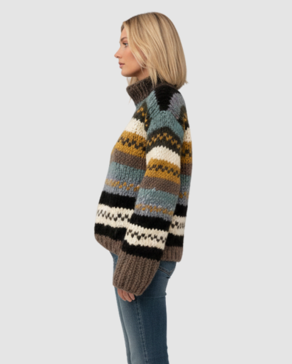 Pull Femme Hiver Tricoté À Col Roulé – Pull Oversize Rayé Style Bohème & Doux