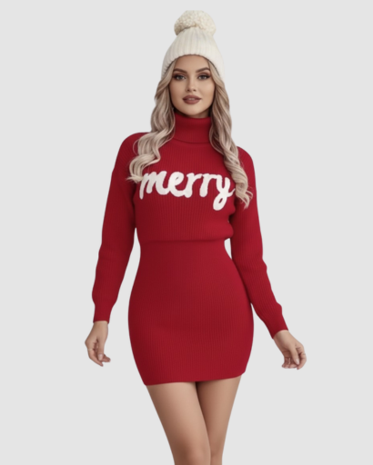 Robe pull femme col roulé rouge, vue de face