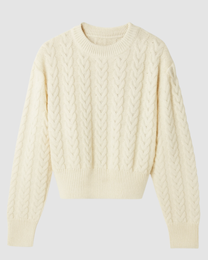 Pull torsadé femme col rond gris, vue de dos, coupe courte automne hiver