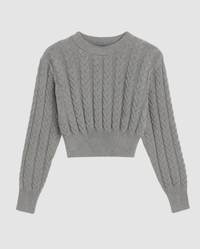Pull torsadé femme – Pull chaud à maille épaisse, coupe courte et col rond