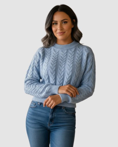 Pull torsadé femme – Pull chaud à maille épaisse, coupe courte et col rond