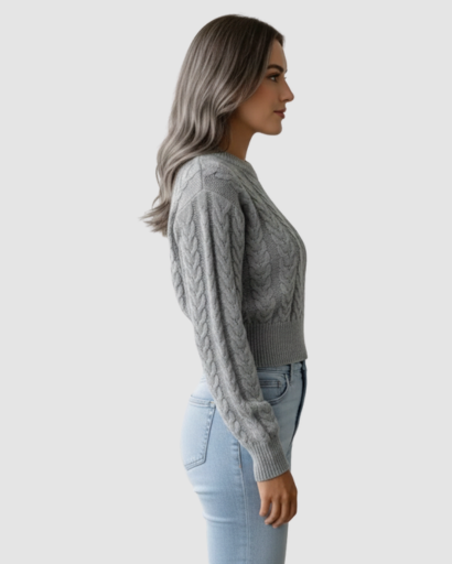 Pull torsadé femme – Pull chaud à maille épaisse, coupe courte et col rond