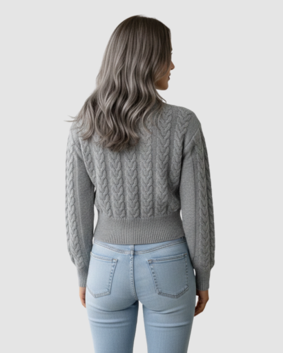 Pull torsadé femme – Pull chaud à maille épaisse, coupe courte et col rond