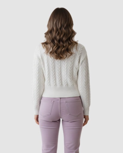 Pull torsadé femme – Pull chaud à maille épaisse, coupe courte et col rond