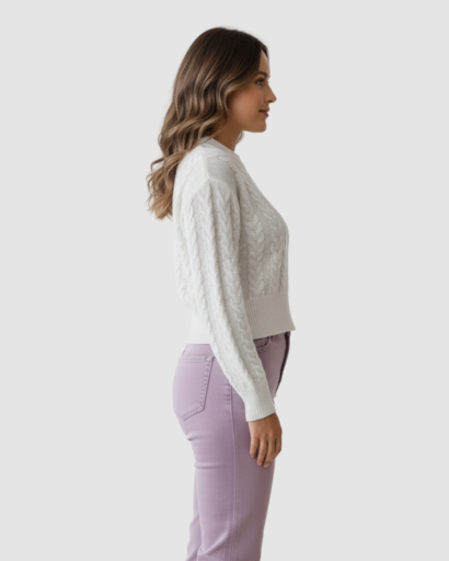Pull torsadé femme – Pull chaud à maille épaisse, coupe courte et col rond