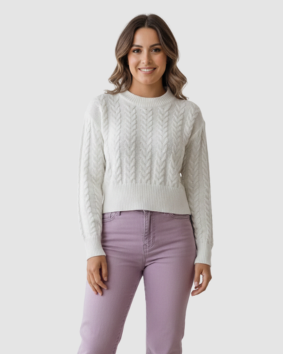 Pull torsadé femme – Pull chaud à maille épaisse, coupe courte et col rond