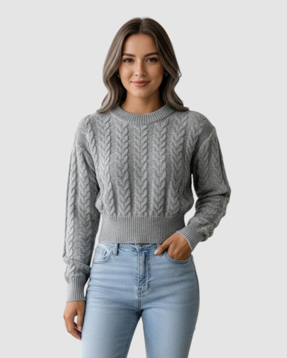 Pull torsadé femme – Pull chaud à maille épaisse, coupe courte et col rond