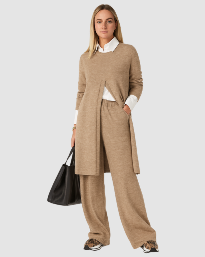 Ensemble Femme Pull Long & Pantalon Large – Style Élégant et Décontracté