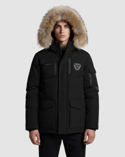 Parka Homme Hiver à Capuche Bordée d’Imitation Fourrure – Coupe Droite & Chaude