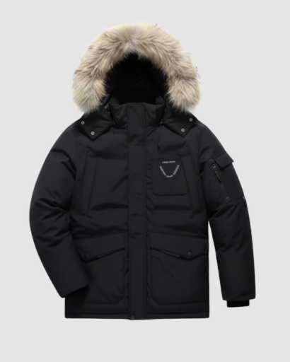 Parka Homme Hiver à Capuche Bordée d’Imitation Fourrure – Coupe Droite & Chaude