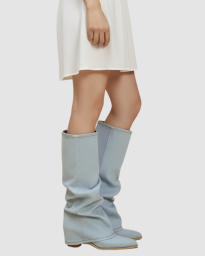 Bottes Hautes en Jean Denim Délavé à Talons Compensés Escamotables