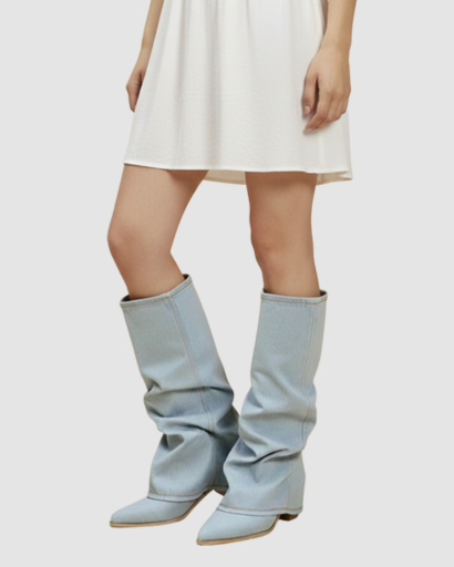Bottes Hautes en Jean Denim Délavé à Talons Compensés Escamotables