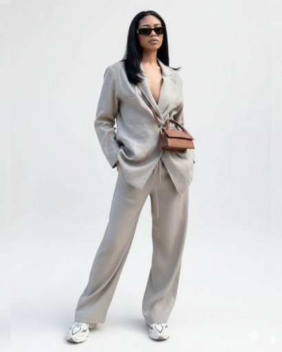 Ensemble Tailleur Lin Femme Blazer Fluide & Pantalon Large – Tenue Bureau | Invitée de Mariage