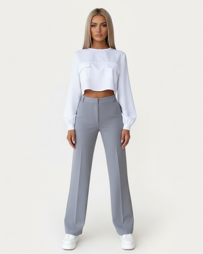 Ensemble Pantalon Taille Haute Chic et Chemisier Crop Top Blanc – Look Professionnel Moderne