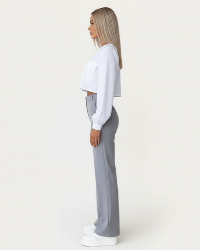 Ensemble Pantalon Taille Haute Chic et Chemisier Crop Top Blanc – Look Professionnel Moderne